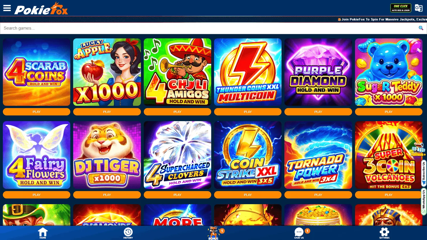 Pokiefox Casino game selection on desktop