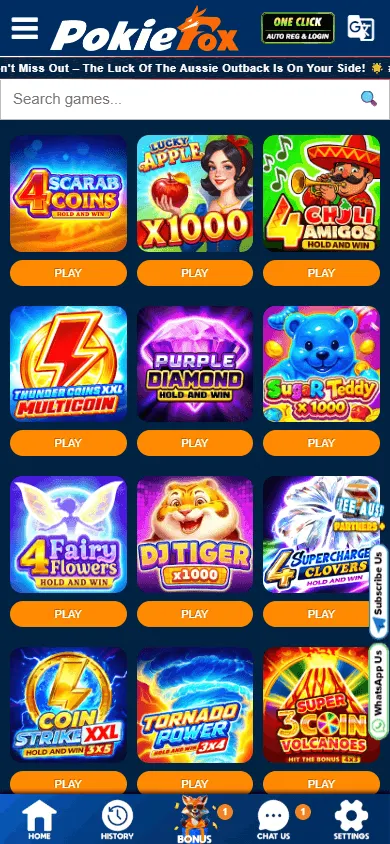 Pokiefox Casino game selection on mobile