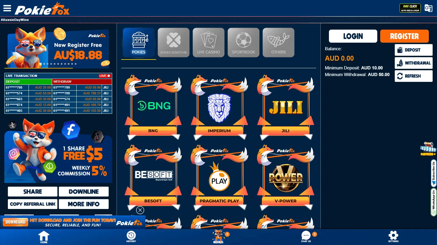 Pokiefox Casino home area on desktop