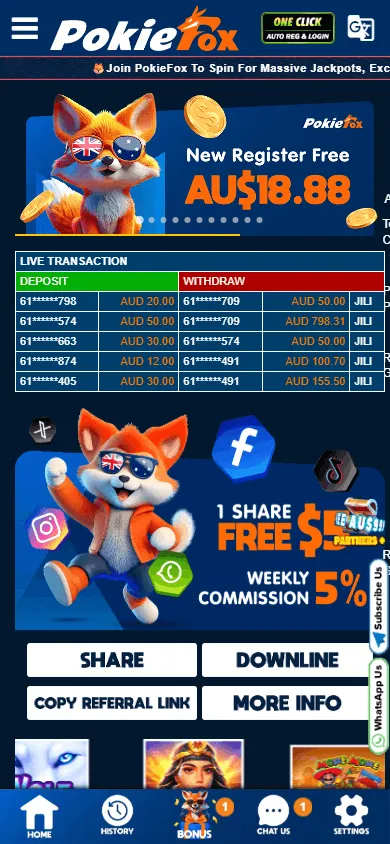 Pokiefox Casino home area on mobile
