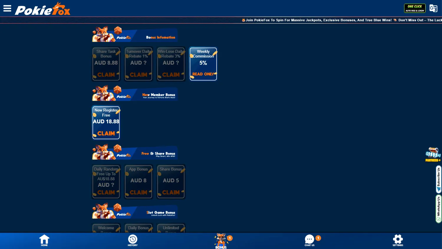 Pokiefox Casino promotions area on desktop
